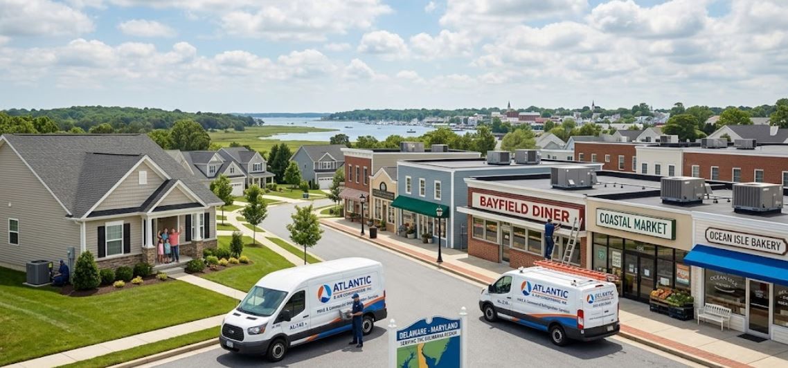 Atlantic Refrigeration service vans providing residential HVAC and commercial cooling repairs 