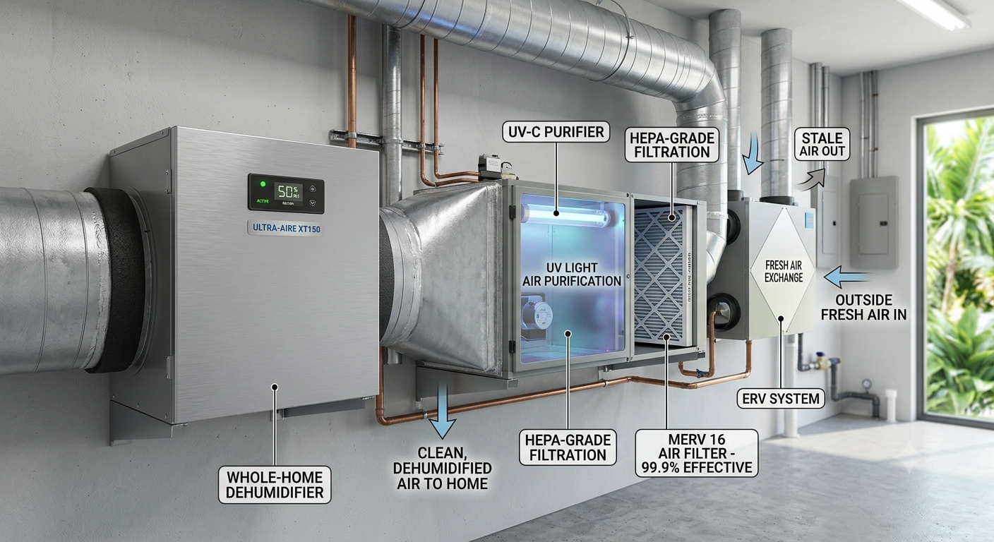 Complete whole-home indoor air quality system featuring a dehumidifier, UV-C light, and ERV.