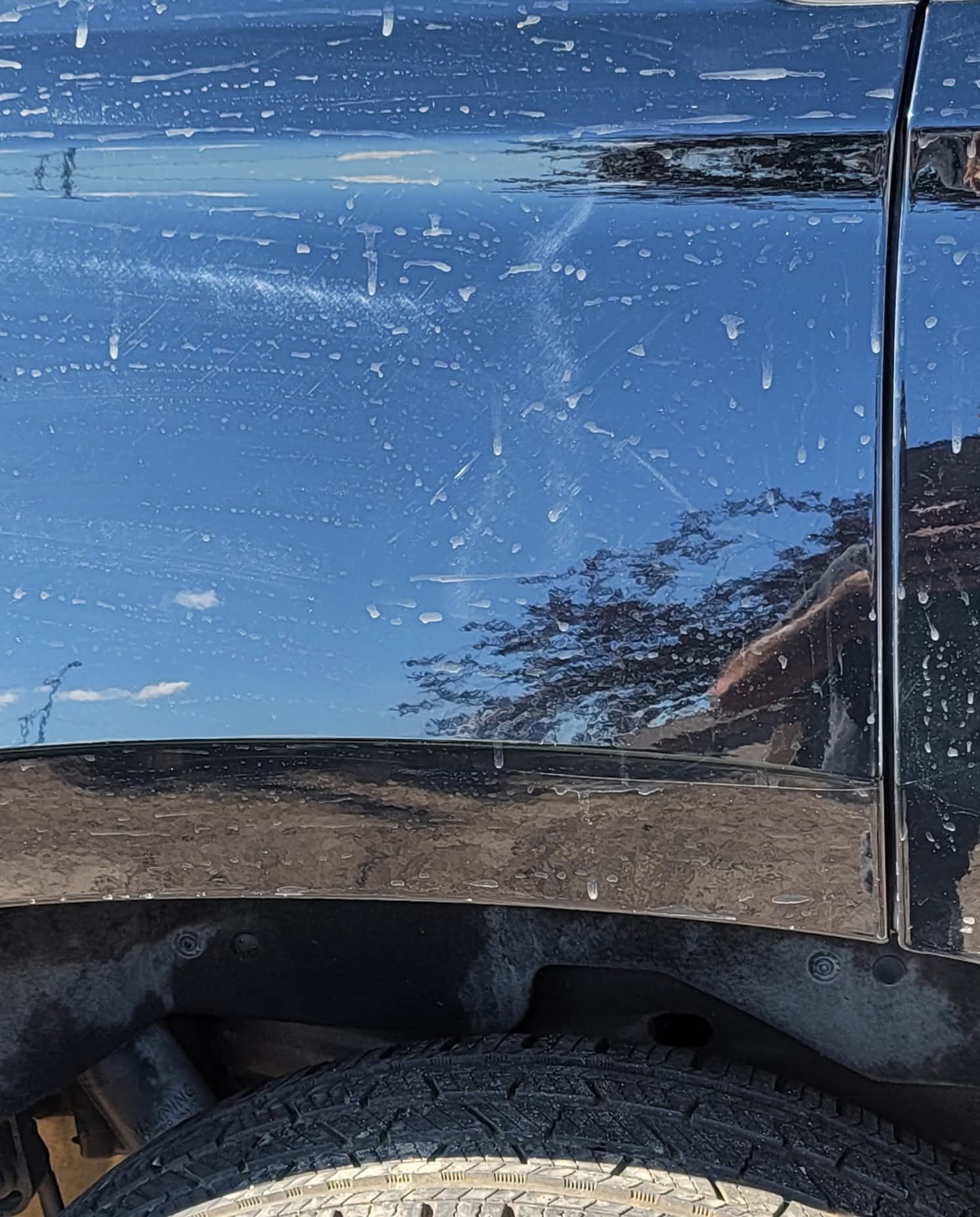 Close-up of a black vehicle's side panel showing fine swirl marks and light scratches in the paint finish.