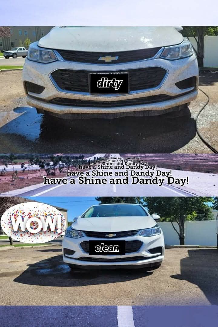Before and after comparison of a white car being washed, featuring the text 