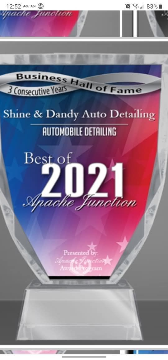 A clear crystal award for Shine & Dandy Auto Detailing, named Best of 2021 in Apache Junction.