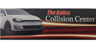 White car in front of "The Dalles Collision Center" logo on a dark background.