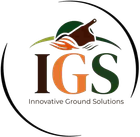 Logo for Innovative Ground Solutions: brown "IGS" letters, orange "G", with a stylized landscape element and a partial circular border.