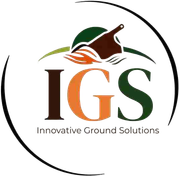 Logo for Innovative Ground Solutions: brown "IGS" letters, orange "G", with a stylized landscape element and a partial circular border.