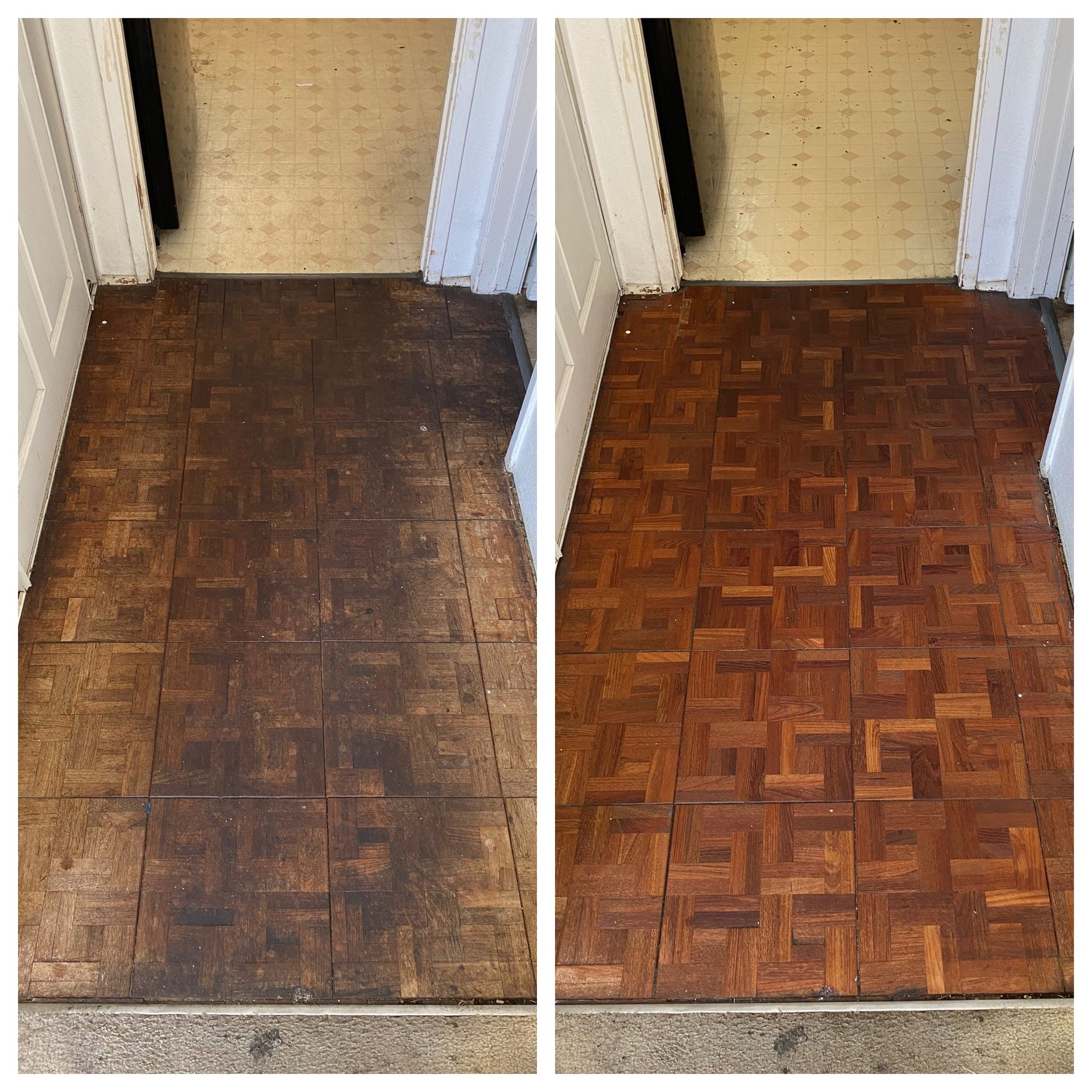 A before and after photo of a wooden floor.