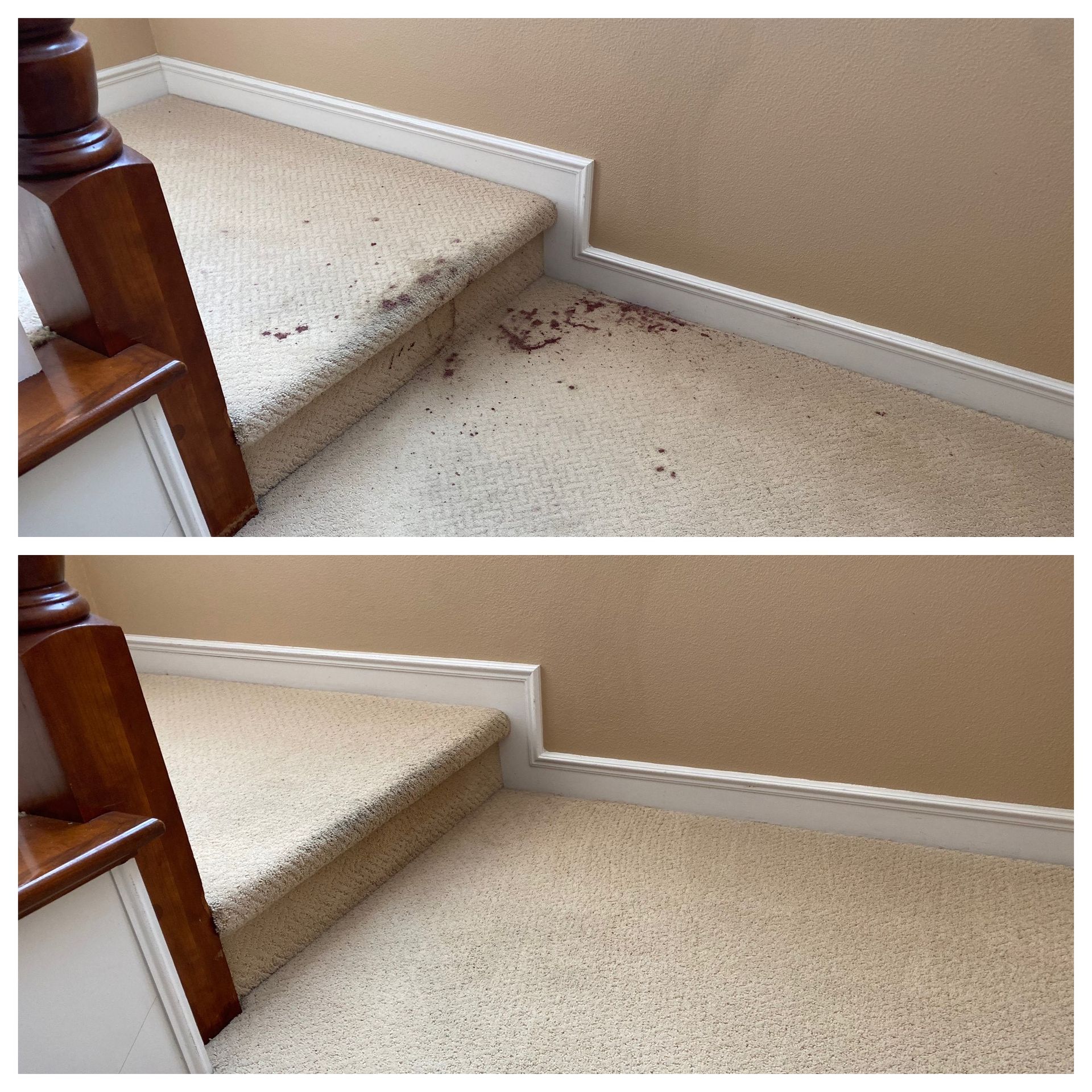A before and after picture of a carpeted staircase