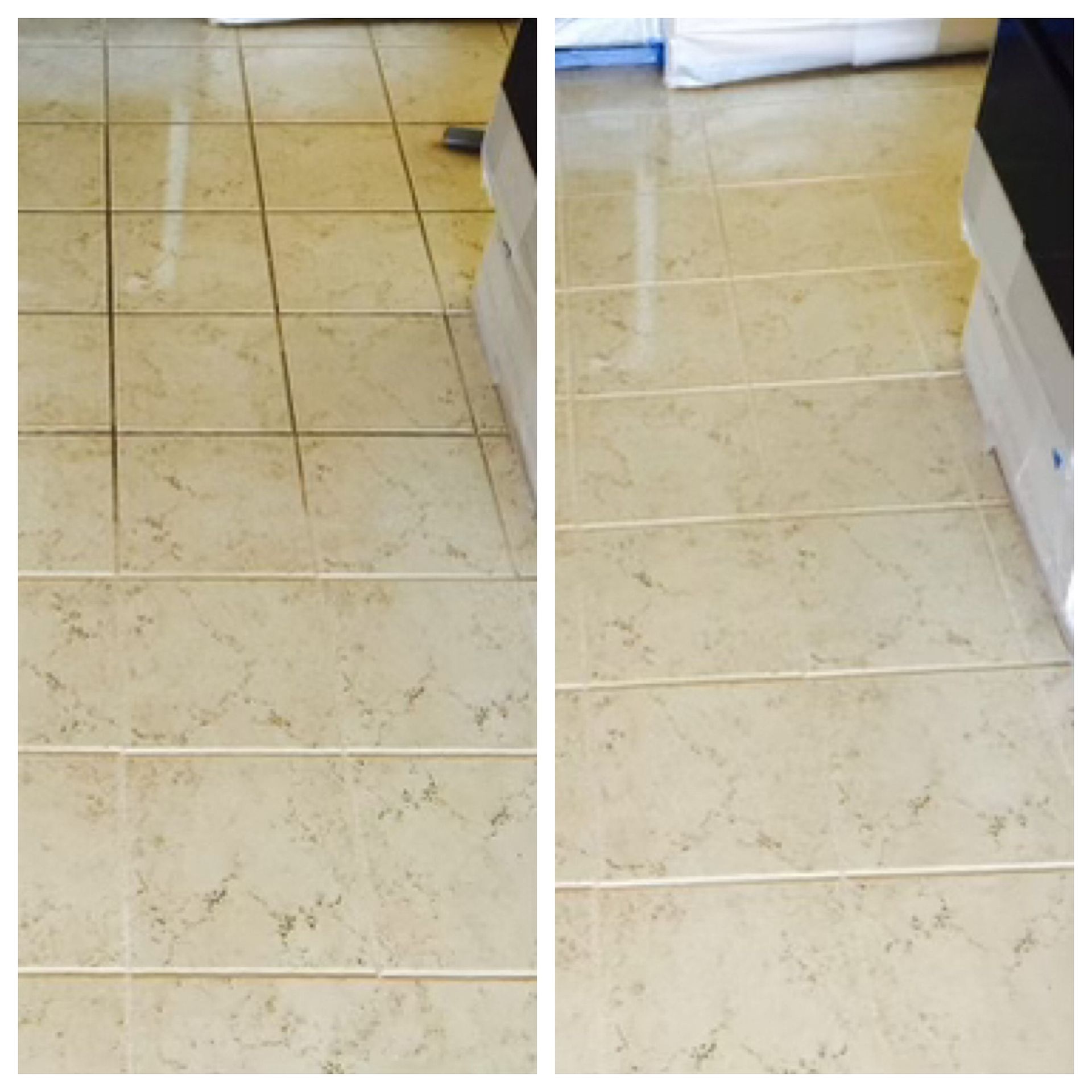 A before and after photo of a tile floor.