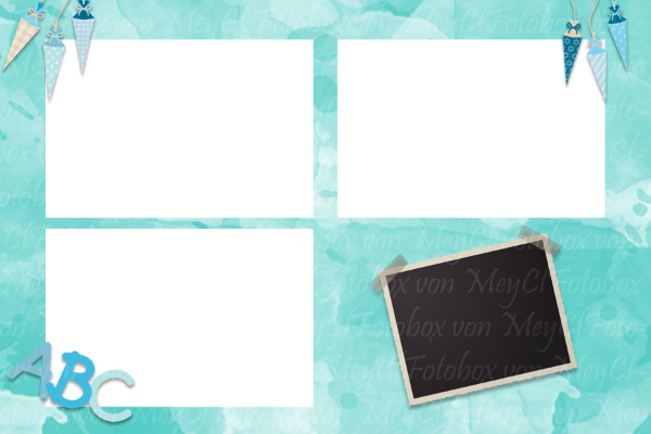 Scrapbook-Seite mit vier Fotorahmen, türkisfarbenem Aquarellhintergrund und Dekorationen zum Thema Schule.