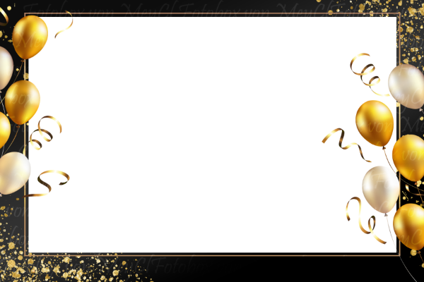 Weiße Karte mit goldenen Luftballons und Bändern auf schwarzem Hintergrund.