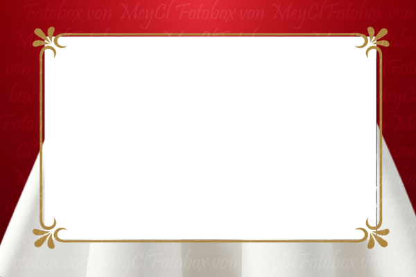 Weißes Rechteck mit Goldrand auf rotem Hintergrund, über einem drapierten weißen Tuch.