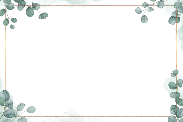 Goldener rechteckiger Rahmen mit Eukalyptusblättern in Aquarell auf weißem Hintergrund.