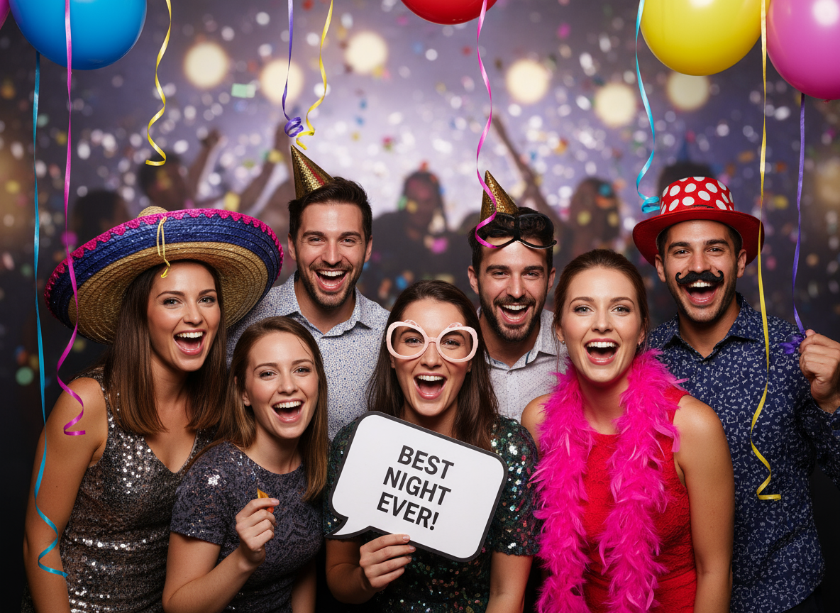 Menschen auf einer Party, die lächeln, Requisiten halten und für ein Foto posieren.