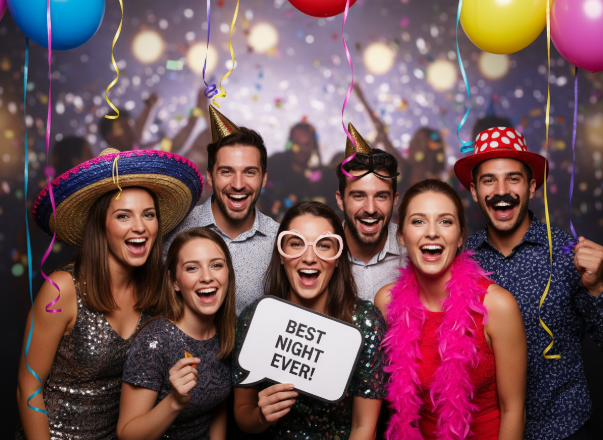 Menschen auf einer Party, die lächeln, Requisiten halten und für ein Foto posieren.