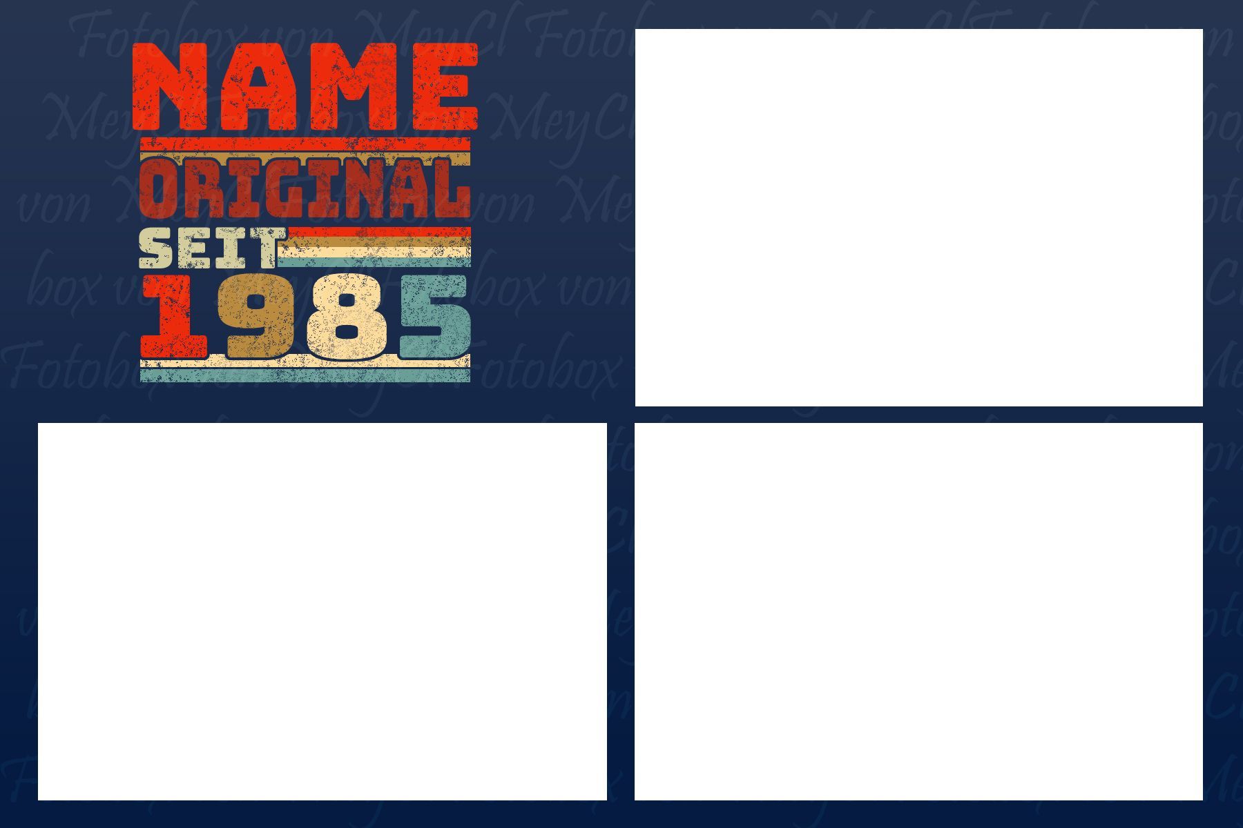 Geburtstagsgrafik mit Platz für Fotos, mit Text „NAME ORIGINAL SEIT 1985“ in Retrofarben.