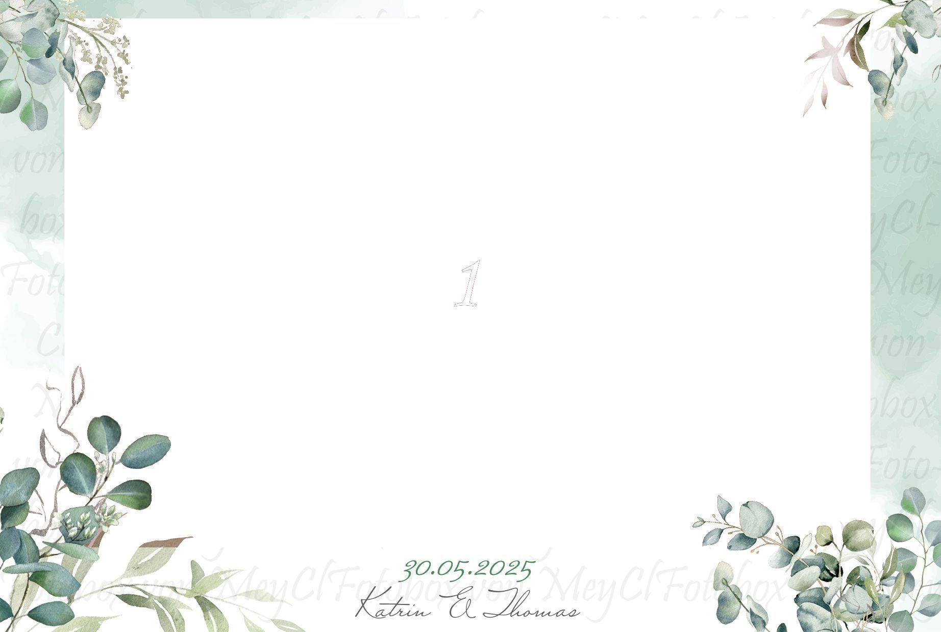Hochzeitseinladung mit Eukalyptusgrün und Text „30.05.2025“ und Namen.