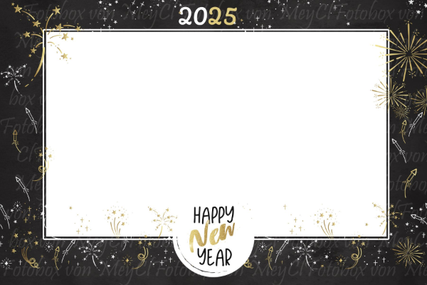 Silvester-Fotoautomatenrahmen mit Feuerwerk, Text „2025“ und „Frohes neues Jahr“ auf dunklem Hintergrund.