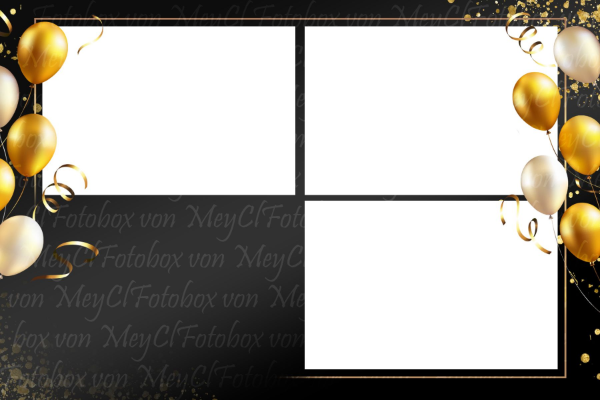 Fotoautomaten-Vorlage mit goldenen und weißen Luftballons und Konfetti auf schwarzem Hintergrund, vier Fotoplätze.