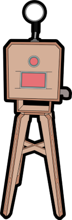 Eine Cartoonzeichnung einer Holzkamera auf einem Stativ.