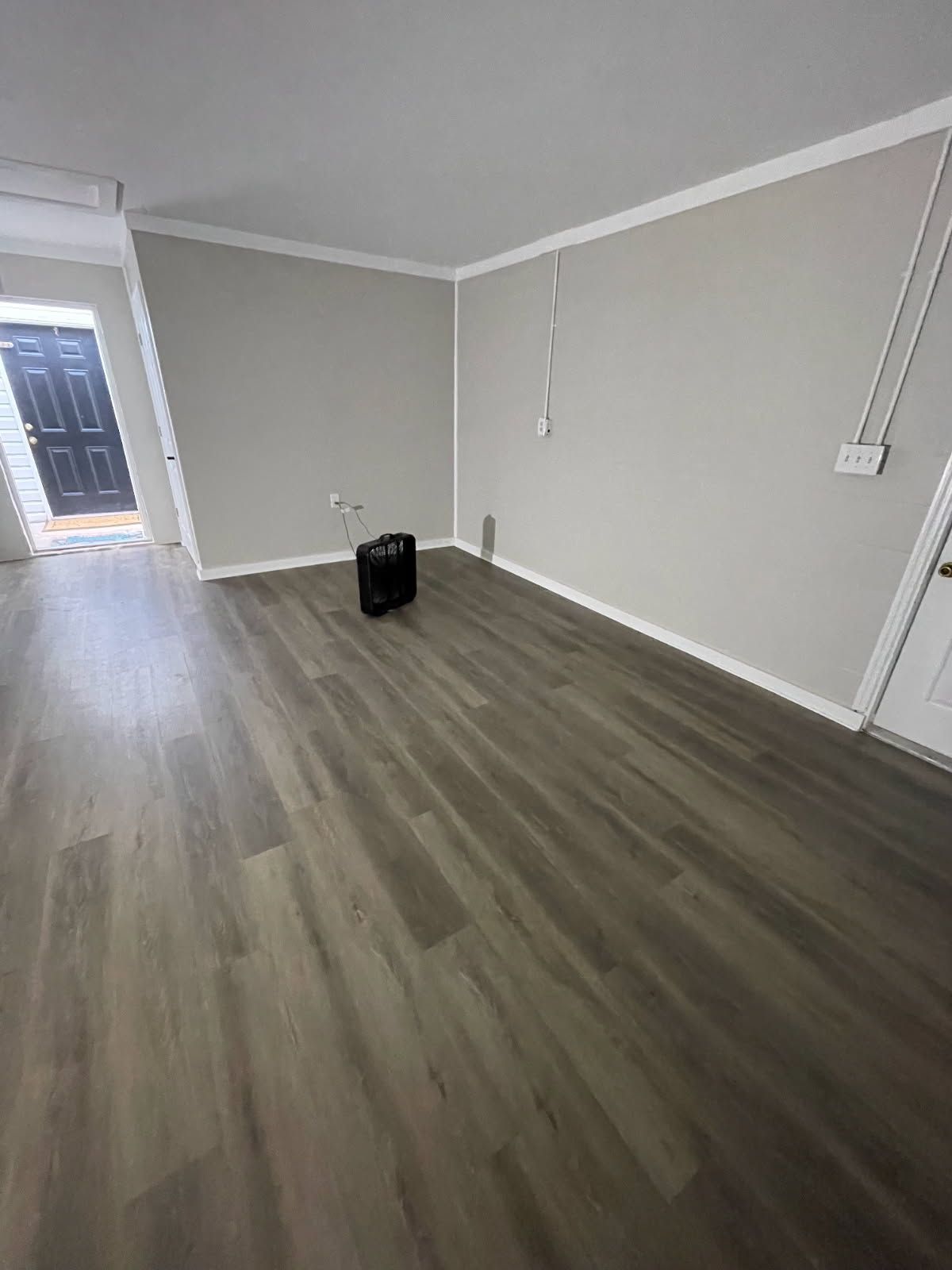 Empty room with gray walls, wood-look flooring, and white trim. A black heater sits in the center.