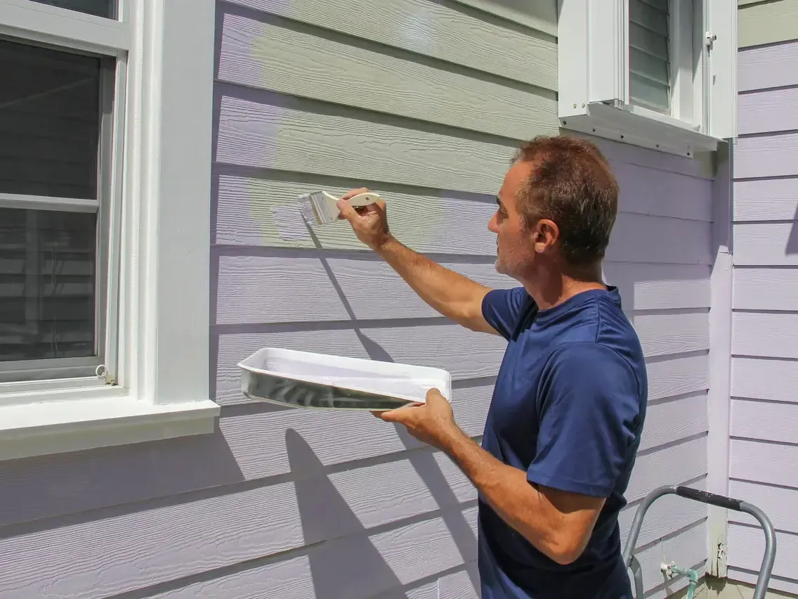 A man is painting the side of a house with a brush.