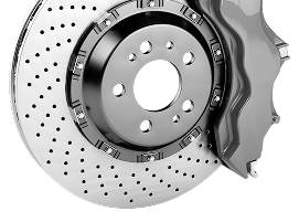 Close-up of a slotted and drilled brake rotor disc with a caliper, against a white background | Don's Repair
