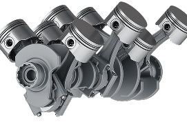 Cutaway view of a V8 engine with pistons and crankshaft, rendered in gray against a white background | Don's Repair