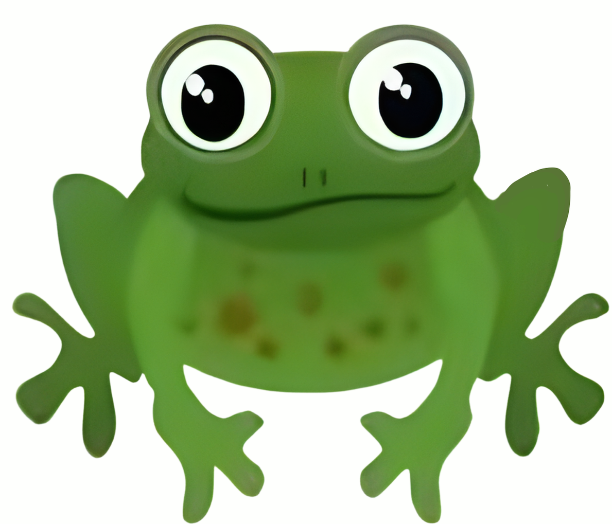 Green cartoon frog with big eyes and a spotted belly.