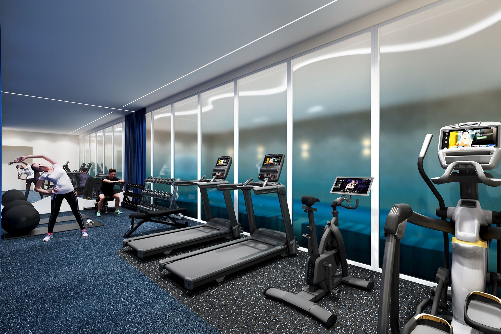 Gym interior with fitness equipment and people exercising near large windows.