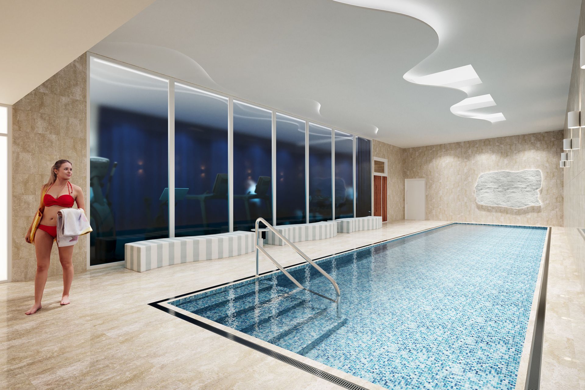 Woman in red swimsuit stands near indoor pool with large window, beige tile, and decorative ceiling.