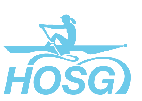 Light blue silhouette of rower in a boat over HOSG text with waves.