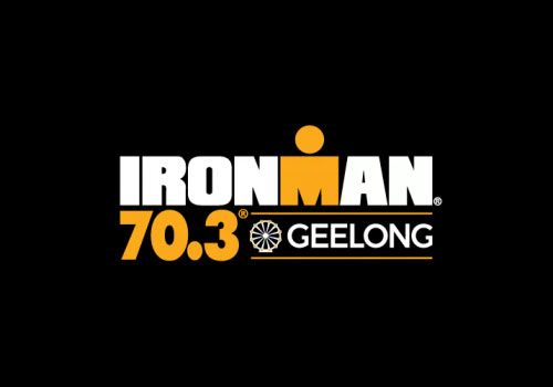 Ironman 70.3 Geelong logo: white text on black background with orange Ironman figure.