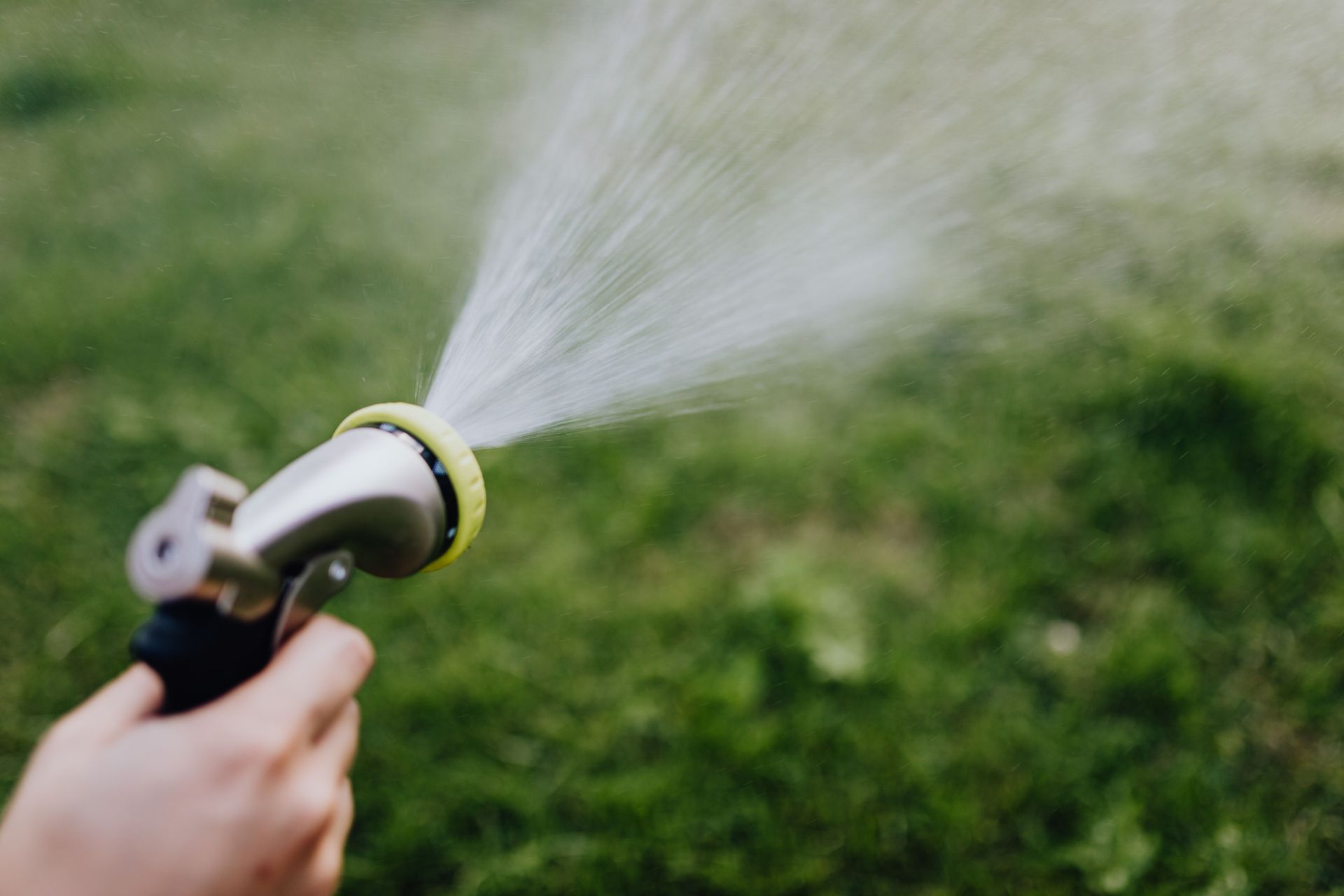 Hand holding a garden hose spraying water onto a grassy lawn