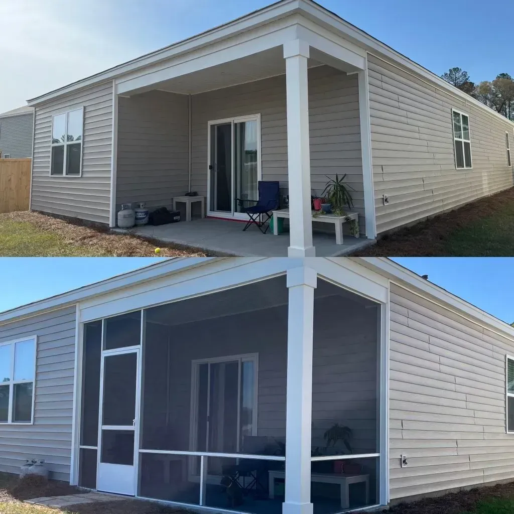 A before and after picture of a house with a screened in porch.