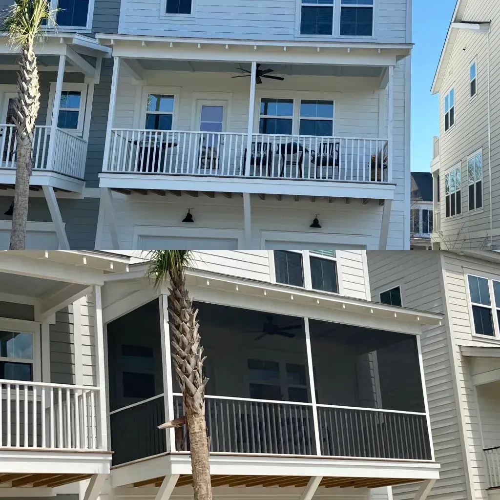 A before and after picture of a house with a screened in porch