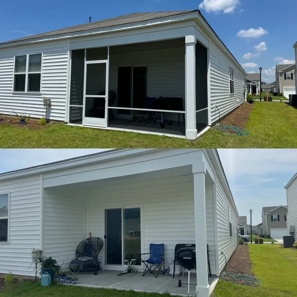 A before and after picture of a screened in porch