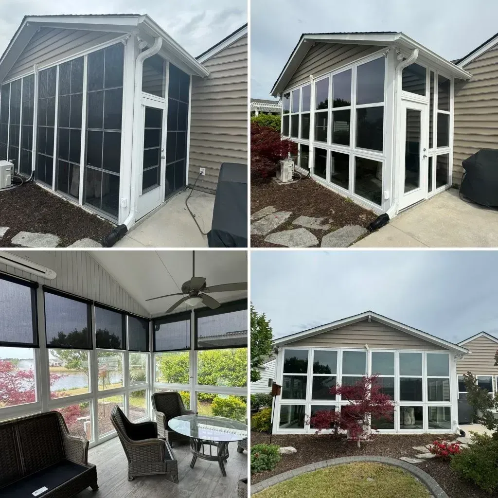 A collage of four pictures of a screened in porch.