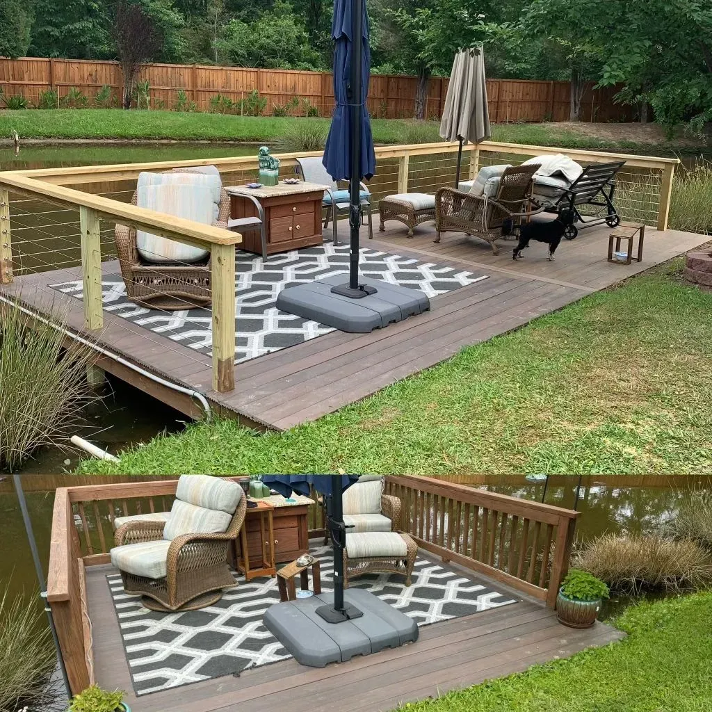 A patio with a rug , chairs , umbrellas and a dog.