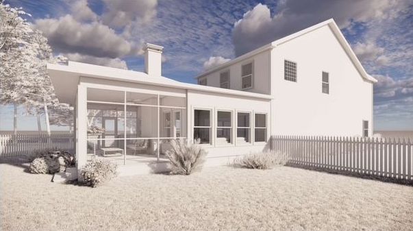 An artist 's impression of a white house with a screened in porch.