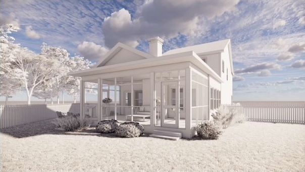 A 3d model of a white house with a screened in porch.