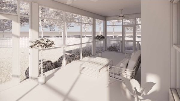 A 3d model of a screened in porch with a couch and chairs.