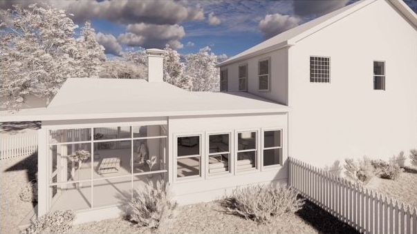 A 3d model of a house with a screened in porch and a white picket fence.