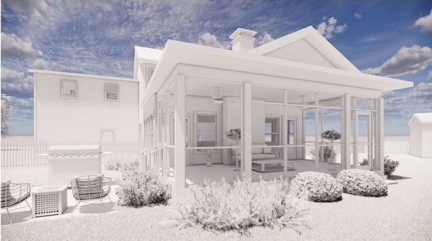 A 3d model of a house with a screened in porch.