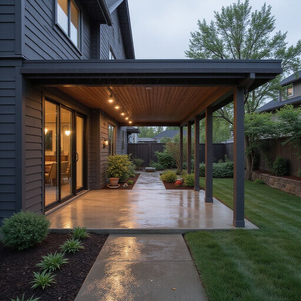 Covered patio with wooden ceiling and columns, concrete floor, sliding glass doors, and a wet lawn.