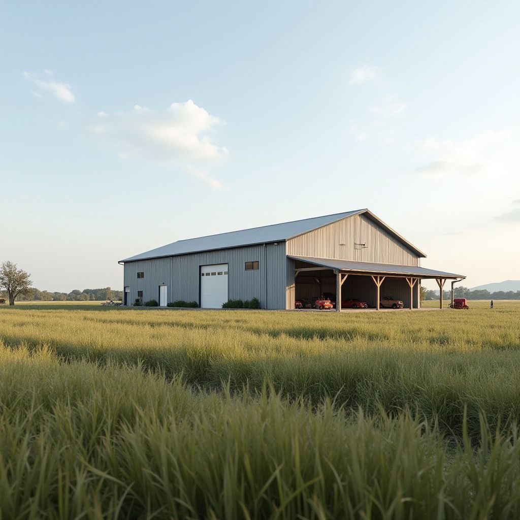 Gray barn with open-air overhang in a field of yellow grain under a blue sky.