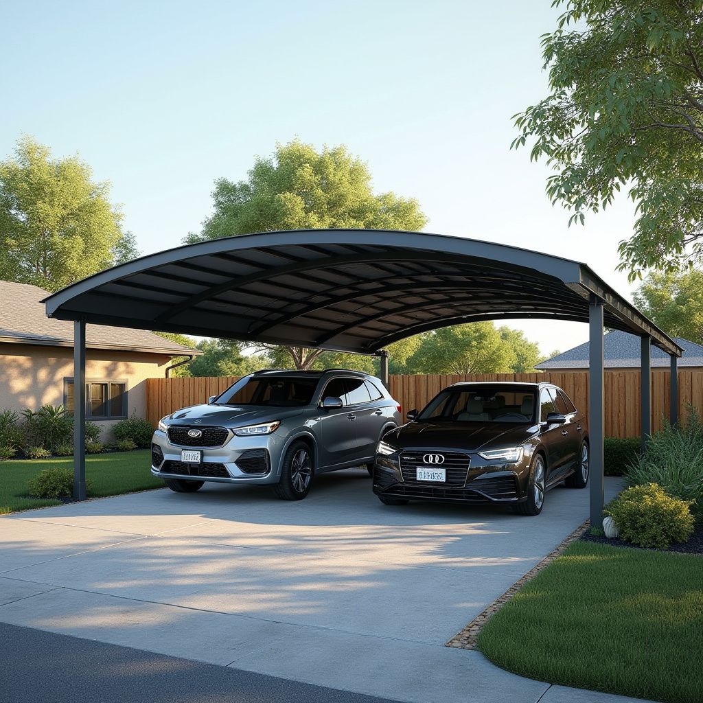 Two cars parked under a metal carport in a residential driveway.