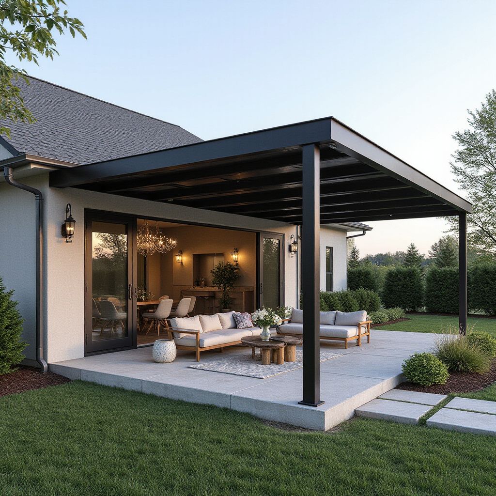 Black pergola over patio with outdoor seating, adjacent to home with open doors.