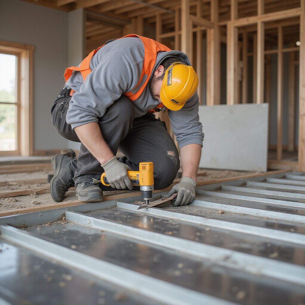 Construction worker using a power drill to secure metal floor decking in a wood-framed building.