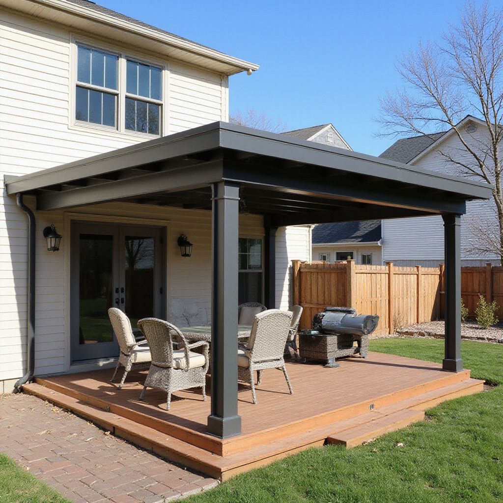 A backyard patio with a pergola, table, chairs, and grill. Deck and house are visible.
