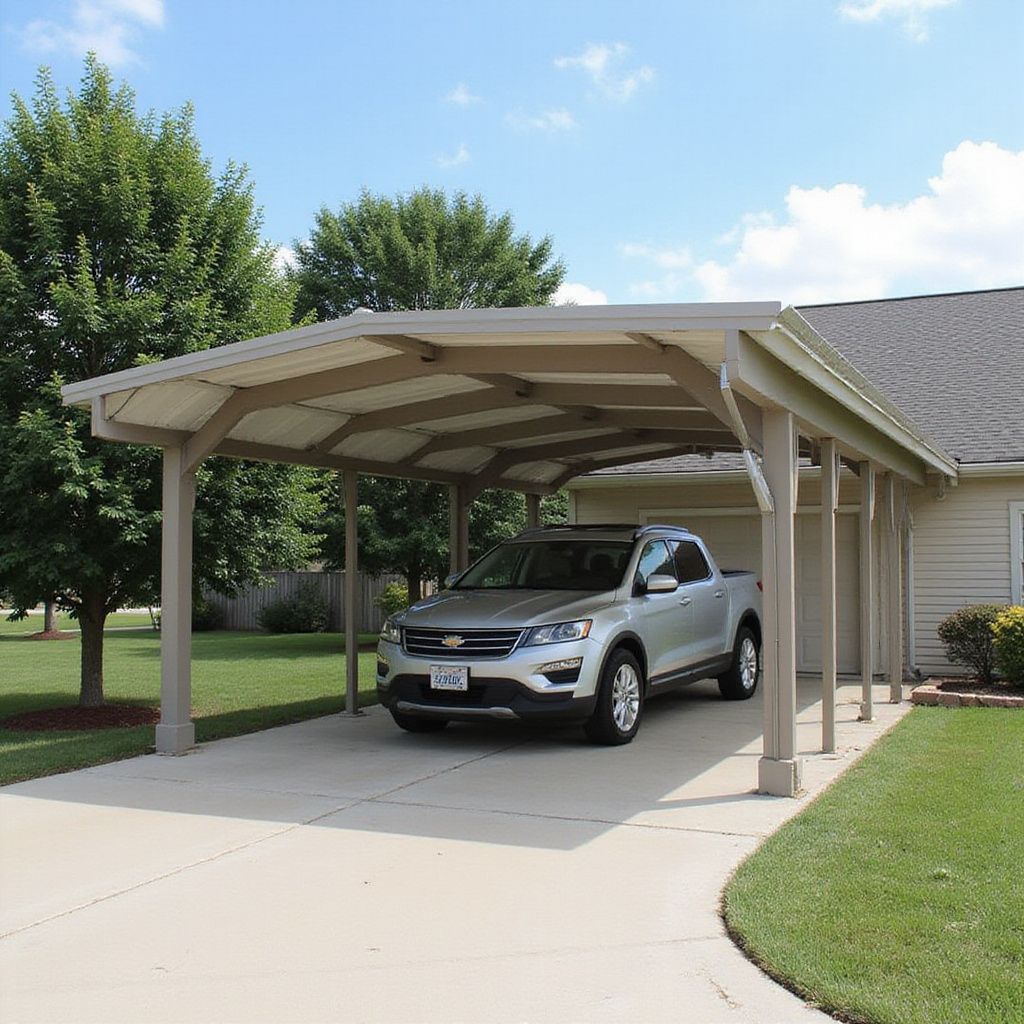 Silver pickup truck parked under a beige carport in a driveway, next to a house with green lawn.