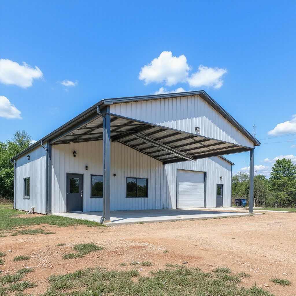 White metal building with a carport under a blue sky.